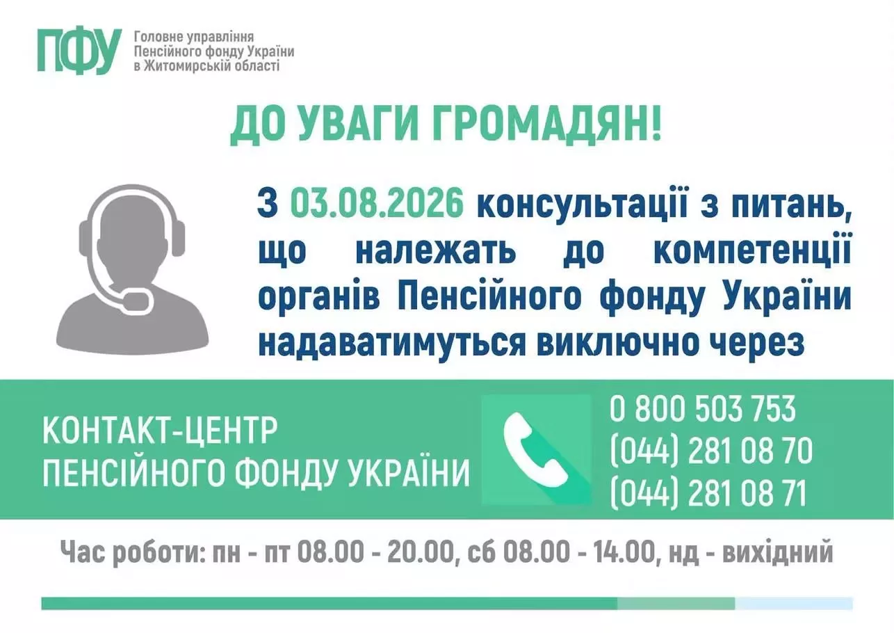 На Житомирщині змінюється порядок консультацій Пенсійного фонду: з 3 серпня — лише через контакт-центр