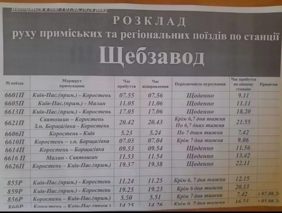 Зміни в розкладі Київ — Малин — Коростень із 1 серпня 2026 року