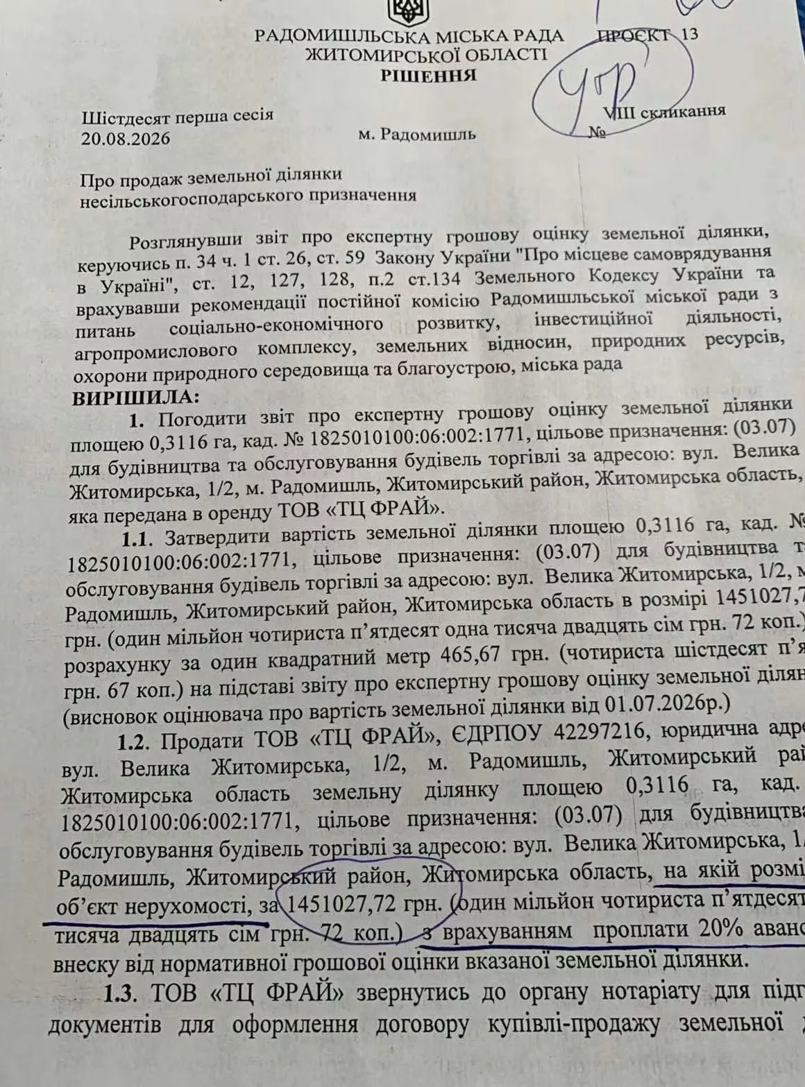 У Радомишлі депутати можуть продати землю під ТЦ — хто за цим стоїть?