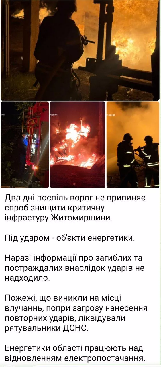 Ворог два дні поспіль атакує енергетичну інфраструктуру Житомирщини