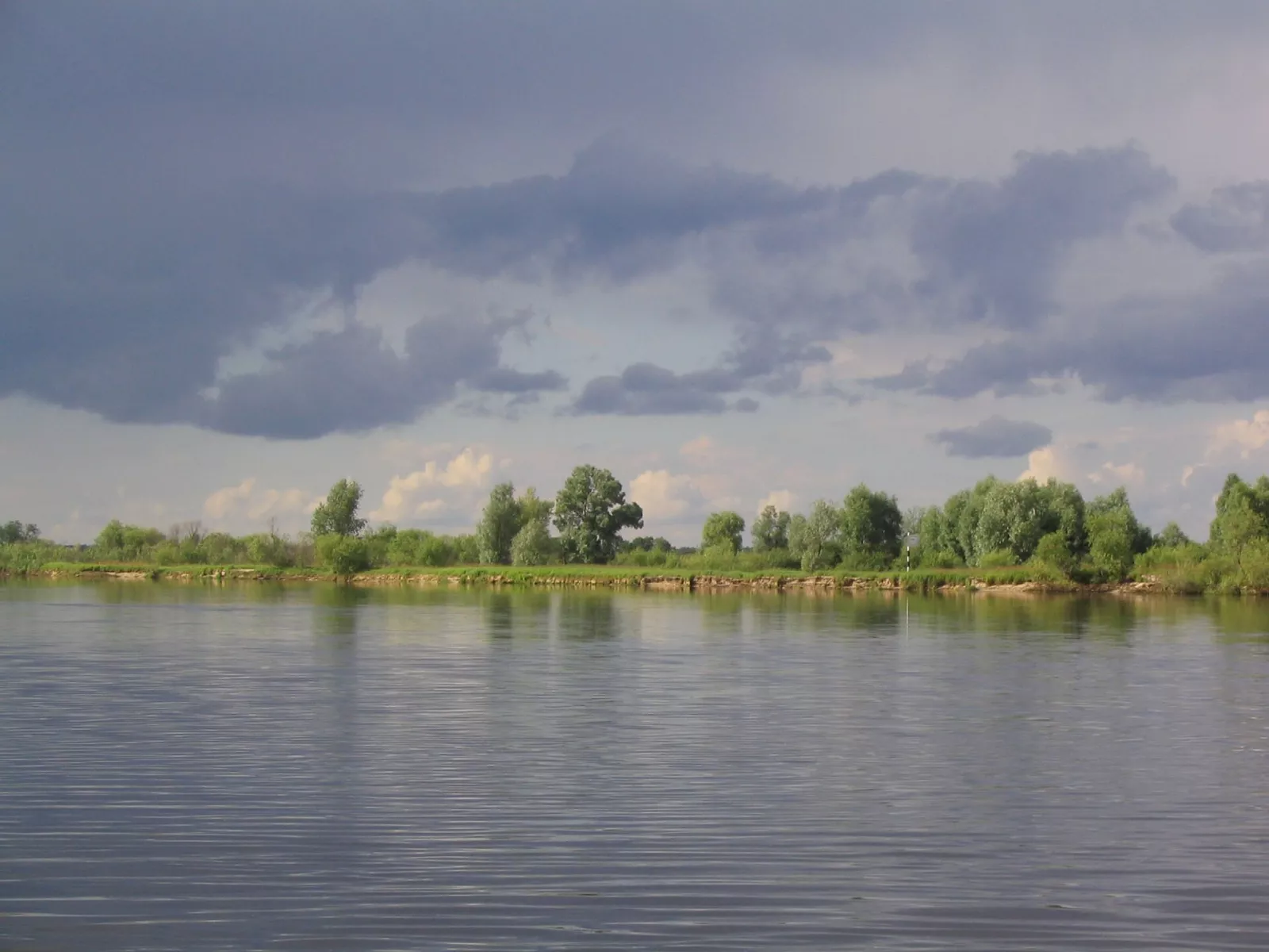 Широке плесо Прип’яті біля Мозиря, зелені береги під грозовим небом