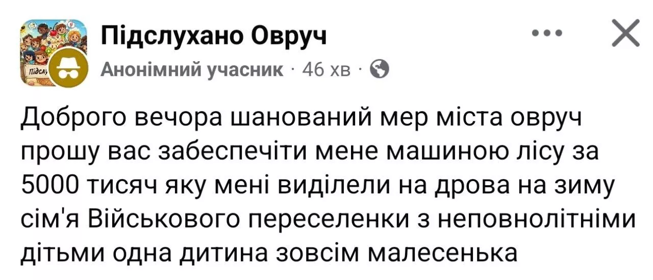 В Овручі родина військового просить мера допомогти з дровами на зиму