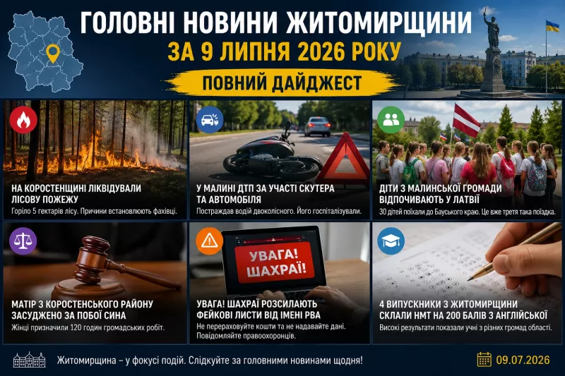 Головні новини Житомирщини за 9 липня 2026 року: повний дайджест
