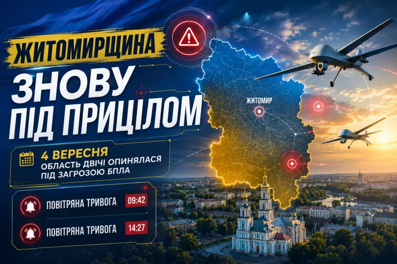 Житомирщина знову під прицілом: 4 вересня область двічі опинялася під загрозою БпЛА
